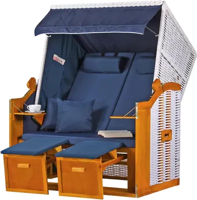 Productafbeelding van Strandstoel 2-zits - Strandkorf Dubbel - Ontspannen in de tuin - Met klaptafels - 120 cm breed - Blauw