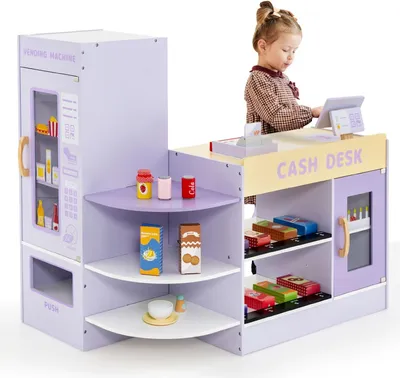 Produktbild von GOPLUS Kinder Kaufladen, Supermarkt aus Holz, Kaufmannsladen mit mit Kasse, POS-Automat & Verkaufsautomat, Einkaufsladen Rollenspiele (Lila)