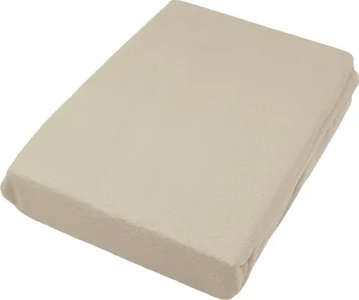 A folded taupe fleece fitted sheet is shown on a white background.