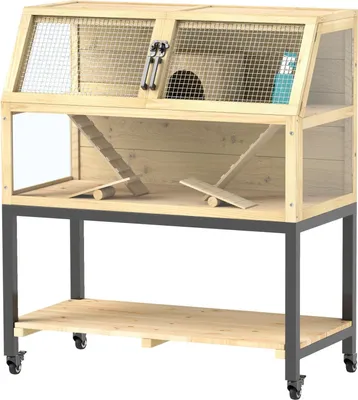 Zdjęcie produktu dla Drewniana klatka dla chomika karłowatego, klatka dla gryzoni 87 x 43 x 101 cm z półką, bidonem, chatką, huśtawką, małą klatką dla zwierząt z kółkami, rampami, drewno naturalne