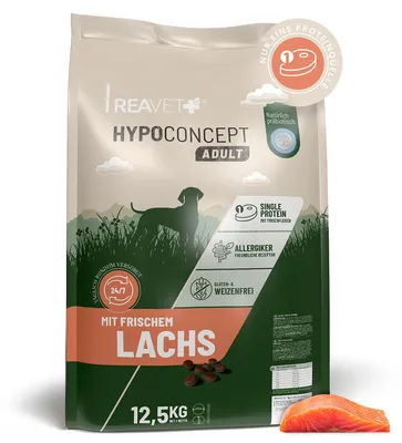 Produktbild von REAVET HYPOCONCEPT Hundetrockenfutter Lachs 12,5kg – Single-Protein mit Frischfleisch | Weizenfrei & ohne Zucker | Trockenfutter Adult für alle Hunde & Rassen, auch für sensible Hunde & allergikerfreundlich