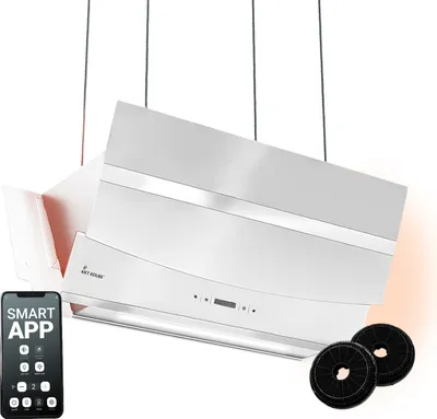 Produktbild von KKT KOLBE Dunstabzugshaube 90 cm | Kopffreie Inselhaube | Edelstahl | weißes Glas | WLAN | Nachlaufautomatik | RGBW-LED-Beleuchtung | SensorTouch Bedienung | HERMES-INSEL-908WM