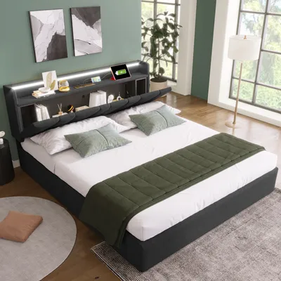 Produktbild von okwish Mehrpersonen-Polsterbett 160x200cm, mit USB-Aufladung, Stauraum-Kopfteil und LED-Beleuchtung, Stauraum-Bettgestell, Holzlattenrost, grau (ohne Matratze)