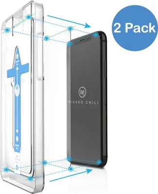 A clear plastic template is shown next to a smartphone, illustrating how to align a screen protector.