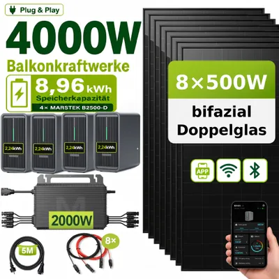 Produktbild von 4000 Watt Balkonkraftwerk mit Speicher Marstek B2500-D 8,96 kWh, 8x500Wp bifaziale Solarmodule Solarpanel, PV Solaranlage Solarspeicher