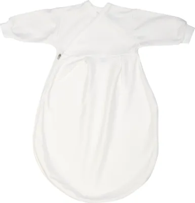A white baby sleep sack laid flat.