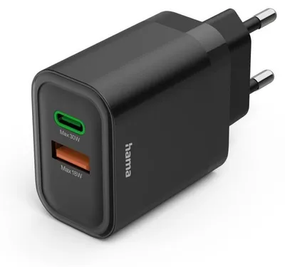 Produktbild von HAMA Schnellladegerät, 1x USB-C, 1x USB-A, PD, 30 W, Schwarz Ladegerät (USB-A + USB-C)