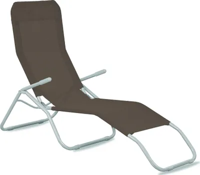 A brown fabric lounge chair with a gray metal frame is shown against a white background.