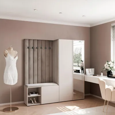 Produktbild von Garderobe ARIA 1 190 cm Kaschmir Gepolstert Mausgrau mit Spiegel Soft-Close Push-to-Open
