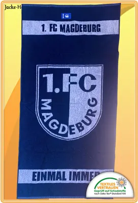 Produktbild von 1. FC Magdeburg Duschtuch Badetuch Badestola Navy-Blau Weiß Logo Gr: 70x140 cm