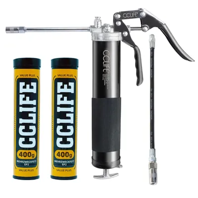 Produktbild von CCLIFE Einhand Fettpresse 6000 PSI mit 2x 400g Mehrzweckfett Schmierpresse mit Pistolengriff und 12" Flexschlauch Auslaufsicheres Design