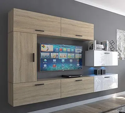 Produktbild von Furnitech Wohnwand Wohnzimmer - Wohnzimmer Möbel mit LED Blau - Hängend Wohnwand Modern - Regale und TV Schrank (Future C10_HGM_WS_16 1A)