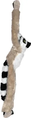 A plush toy lemur hanging vertically against a white background.