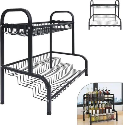Image de Étagère à épices Unyqoos® – Organisateur sur pied en acier inoxydable, avec 2 étagères et 8 crochets, de couleur noire, pour la cuisine et la salle de bain, dimensions : 42,5 x 25,5 x 41 cm