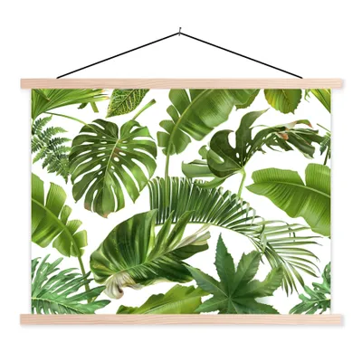 Produktbild von MuchoWow® Textilposter Blätter - Weiß - Muster - Mädchen - Kinder - Jungen - Kinder 40x30 cm mit holzfarbenen Rahmen - Bilder