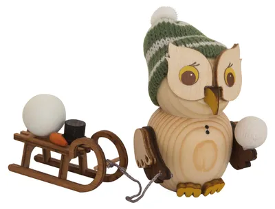 Produktbild von Kuhnert Holzfigur Tierfigur Dekofigur Minieule mit Schlitten - Echt Erzgebirge
