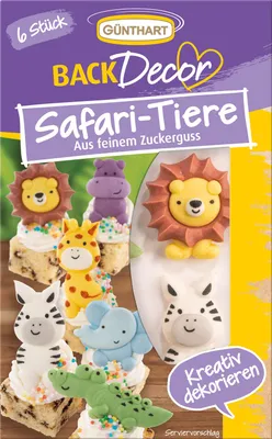 Produktbild von BackDecor 6 Stück essbare Safari Zuckerdekore als Elefant, Löwe, Krokodil, Nilpferd, Giraffe und Zebra