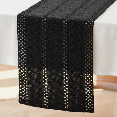 Productafbeelding van Katoenen tafelkleed - Macramé-design in bohemienstijl - Tafeldecoratie - Zwart, 30x183 cm