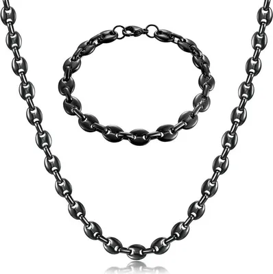 Image de AFSTALR Collier Homme Acier inoxydable 6/9/11mm Grain de café Set Bracelet Argent/Or/Noir