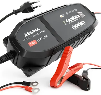 Produktbild von ABSINA 12V & 24V Batterieladegerät KFZ 7,5 A für Blei Batterie bis 240Ah & 12,8V Lithium - Ladegerät 24V & 12V für Auto LKW uvm.