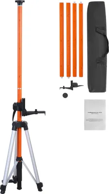 A laser level tripod and accessories are displayed against a white background.