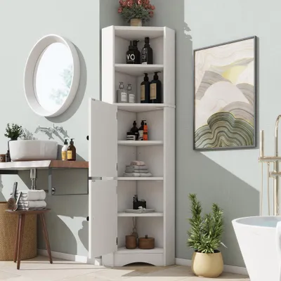 Produktbild von Dreieckiger Badezimmerschrank mit Volllackierung, 2 offenen Fächern, 2 Türen & verstellbaren Böden, platzsparender Eckschrank, Weiß, 51,7x32x155,4 cm