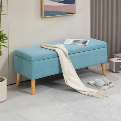 Produktbild von SUGIFT Sitzbank mit Stauraum, Polsterbank Flurbank, skandinavisches Design Leinenoptik, Blau | 110 x 39 x 45 cm | bis 220 kg | Kautschukholzbeine