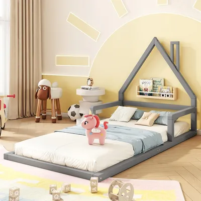 Immagine prodotto di Letto per bambini Merax 90x200 cm, in legno massiccio, letto a forma di casa in legno massiccio con recinzione, letto per ragazzi, letto da terra, letto singolo, grigio