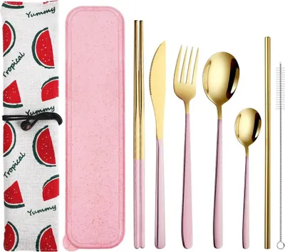 Produktbild von Tragbares Besteckset - Edelstahl-Reisebesteck mit Gabel, Löffel, Messer, Essstäbchen und Strohhalmen - Reinigungsbürste - Camping Picknick - Rosa