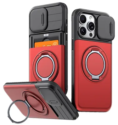 Obrázek produktu pro Pouzdro pro iPhone 13 Pro, Přihrádkou na karty, posuvným krytem fotoaparátu, kroužkovým stojánkem Červená