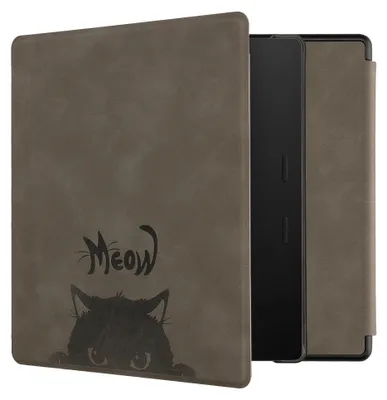 Produktbild von kwmobile Schutzhülle für Amazon Kindle Oasis 10. Generation Hülle - eReader Case aus Kunstleder mit Auto Sleep Funktion - Katze Meow mit Grau Schwarz