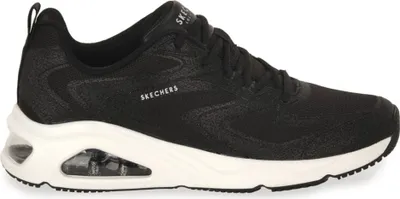 A black Skechers sneaker with a white sole and visible air cushioning in the heel.