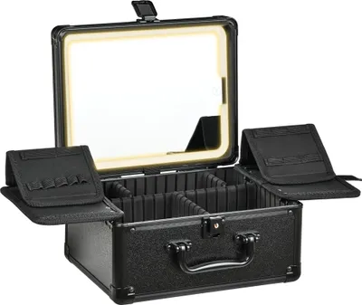 Produktbild von Schminkkoffer mit beleuchtetem Spiegel, Schminkbox-Organizer mit abnehmbarem LED-Spiegel, Reise-Schminkkoffer, wasserdichter Kosmetik-Organizer