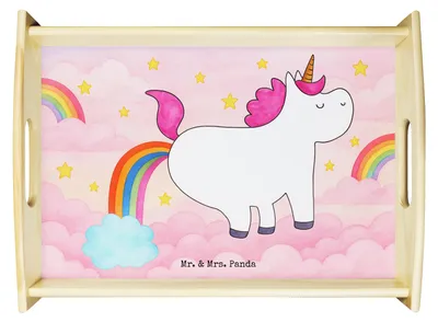 Produktbild von Mr. & Mrs. Panda tablett holz Einhorn Pupsen Design - Weiß - Geschenk, Freundin, Unicorn, sofatablett, Servierplatte, für bett, Frühstückstablett, Regenbogen, Holztablett