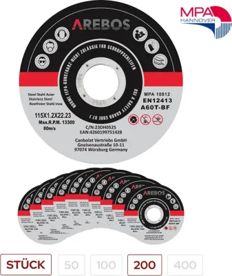 Zdjęcie produktu dla Tarcze tnące AREBOS 115 mm 200 sztuk do stali nierdzewnej EN12413