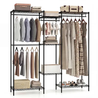 Produktbild von COSTWAY Kleiderschrank mit 7 Metall-Drahtregalen & 4 Kleiderstangen, 2 in 1 Kleiderständer als Eckregal, Kleiderorganizer, 188x46x198 cm, Schwarz