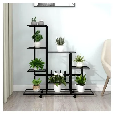 Produktbild von Blumenständer mit Rad, 94,5 x 25 x 92,5 cm, schwarzes Metall