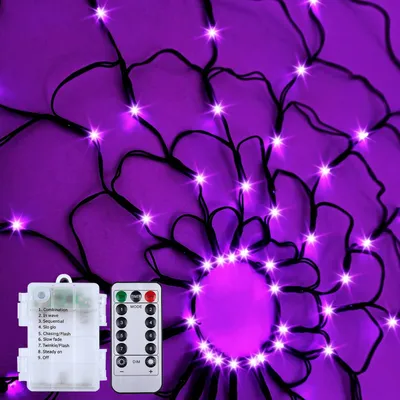 Produktbild von LED Spinnennetz Lichterkette Halloween Netzlichts 120cm Durchmesser Batteriebetrieben mit Fernbedienung 8 Modi,Dimmbar und Timer,Lila