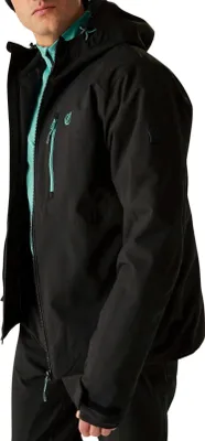 A man wearing a black ski jacket with teal accents.