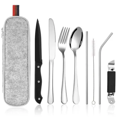 Produktbild von Campingbesteck 9-teilig Edelstahl mit Tasche für Reise Outdoor Silber