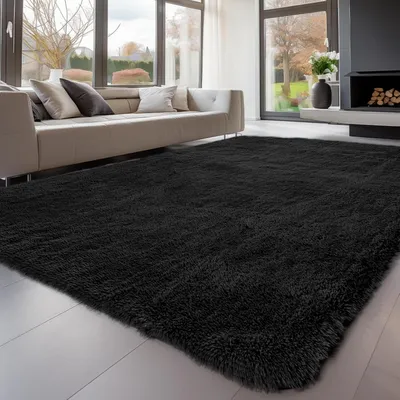 Image de Tapis à poils longs gris, 140x200 cm, lavable, antidérapant, moelleux, design moderne
