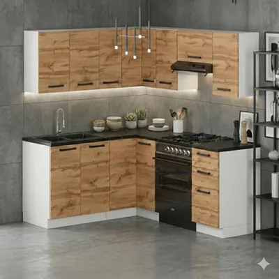 Produktbild von ULWEHOME | Eckküche 360 cm Eiche Wotan, Küchenmöbel-Set mit Arbeitsplatten 3,6 m, Eckküchenzeile, L-Küche, Küchenzeile, Eckschrank, Spülenschrank