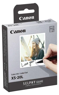 A product box for Canon Selphy Square compact photo printer ink and label sets.