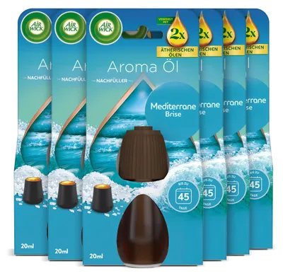 Obrázek produktu pro Air Wick Aroma olej, náplň do difuzéru – vůně: Středomořský vánek – citrusová vůně do bytu s esenciálními oleji – sada 6 kusů po 20 ml – balení 6 kusů (1 kus v balení)