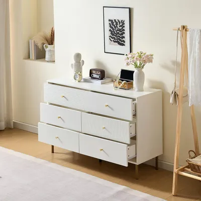Image de OKWISH Commode 6 Tiroirs Moderne avec Poignées Métal - Meuble de Rangement Bas avec Pieds en Acier - Panneau MDF - Blanc