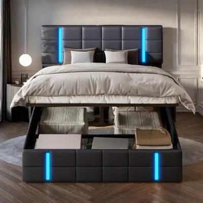 Obrázek produktu pro Čalouněná postel ProximaX s úložným prostorem, hydraulický rám manželské postele 140x200 cm, postel s LED osvětlením, čalouněné čelo s funkcí nabíjení přes USB Type-C, (černá, 140x200 cm)