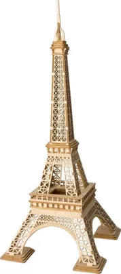 A 3D wooden model of the Eiffel Tower against a white background.