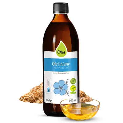 Obrázek produktu pro Lněný olej lisovaný za studena, nerafinovaný, přírodní Olini 500 ml