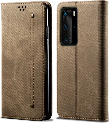 Produktbild von Huawei P40 Pro Hülle, LaimTop Denim Leder Brieftasche Magnetverschluss Flip Bookstyle Schutzhülle mit Standfunktion für Huawei P40 Pro Huawei P40 Pro Khaki