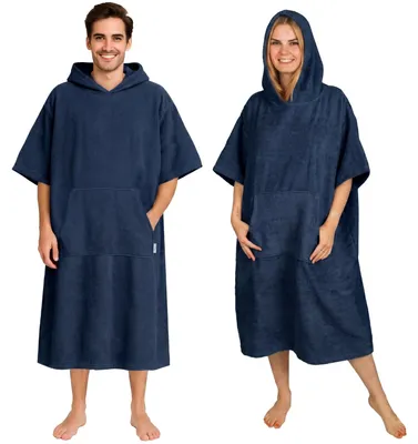 Produktbild von Frottee Badeponcho Damen Herren - Strandponcho 100% Baumwolle Surf Poncho Erwachsene Handtuch Kapuze Bade Surfponcho Bademantel Navyblau L/XL